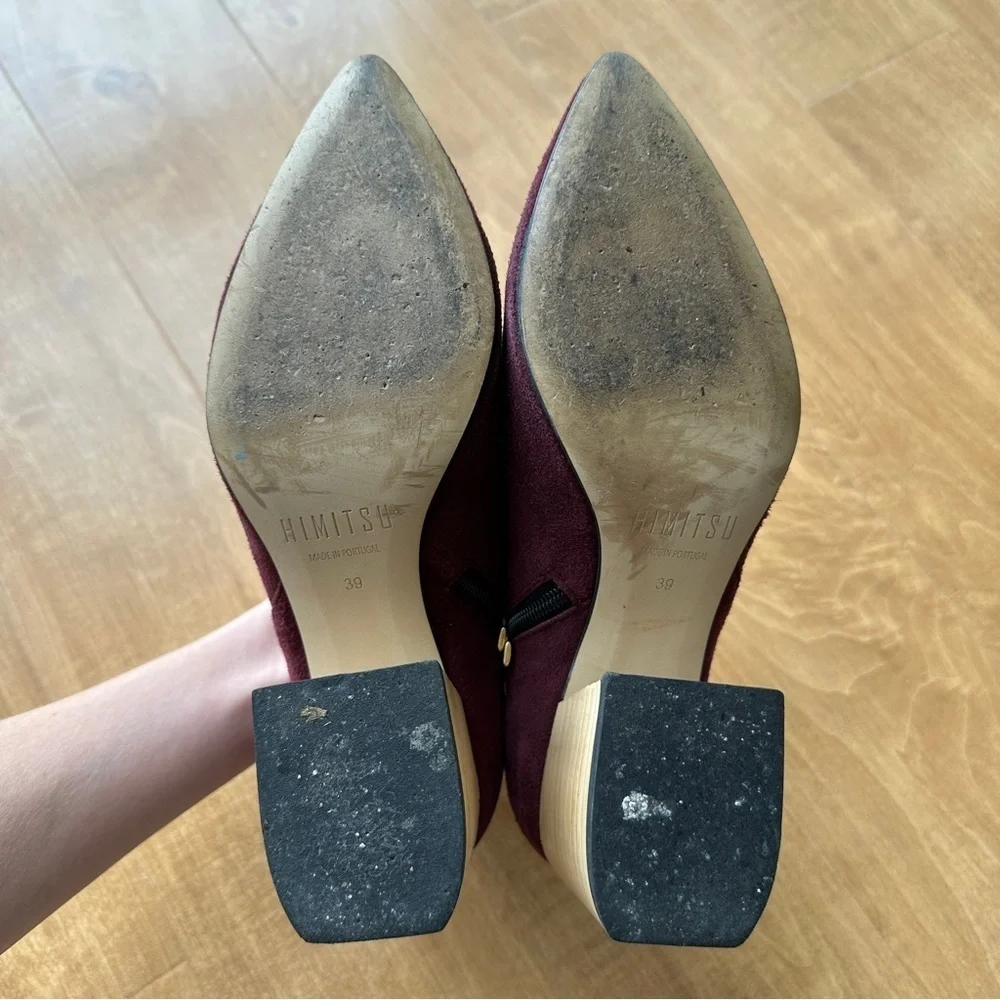 Himitsu Burgundy Suede Pointed Toe Ankle Booties, Size 39